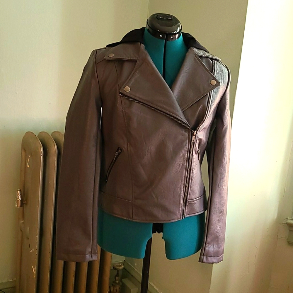 Hooded Faux Leather Moto Jacket